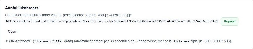 Aantal luisteraars met de Metrics-link, Kopieer, Open en uitleg over JSON en ontbrekende metingen