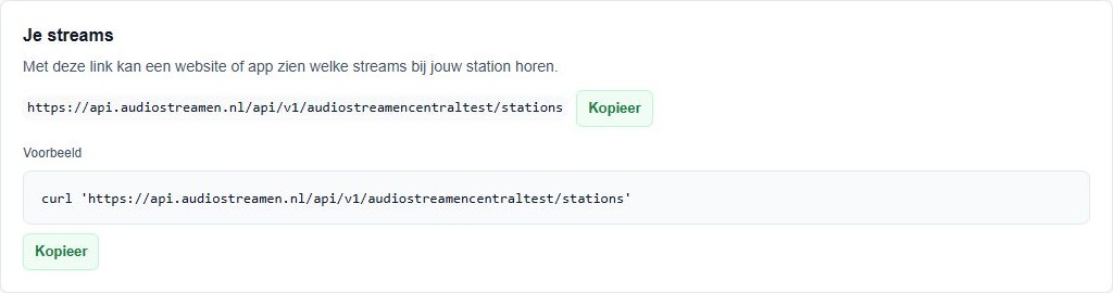 Je streams met de API-link en het curl-voorbeeld, elk met een knop Kopieer