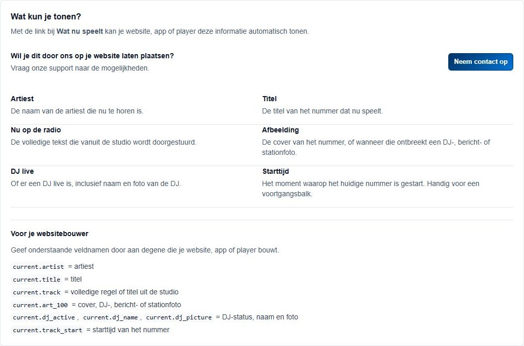 Wat kun je tonen met alle zes onderdelen en de uitgeklapte veldnamen voor de websitebouwer