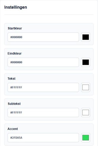 Apps-instellingen met Startkleur, Eindkleur, Tekst, Subtekst en Accent