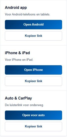 Android app, iPhone en iPad en Auto en CarPlay met Open- en Kopieer link-knoppen