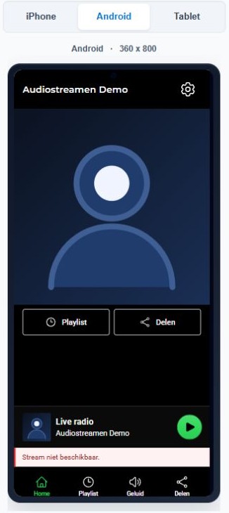 Actuele Android-preview van de webplayer in het demoaccount