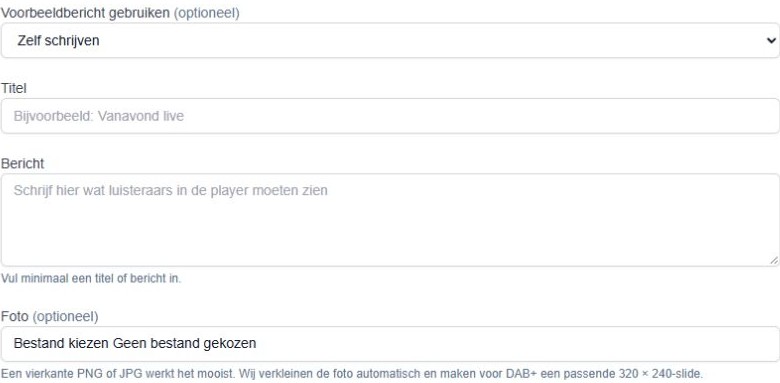 Nieuw bericht met Voorbeeldbericht gebruiken, Titel, Bericht en de optionele Foto
