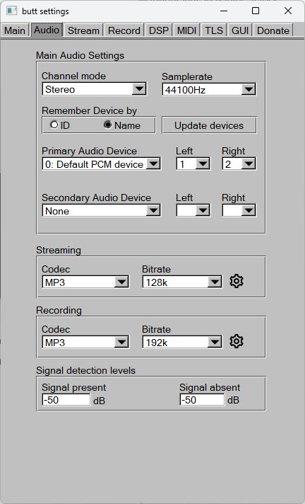 Het tabblad Audio in BUTT met geluidsapparaat, sample rate, MP3 en bitrate