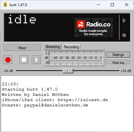 Het hoofdscherm van BUTT 1.47.0 met de status idle
