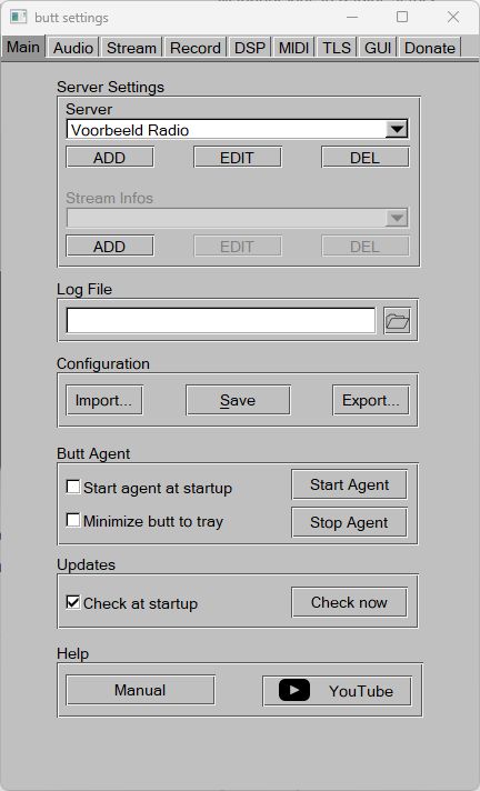 BUTT-instellingen met Server Settings en de knop ADD