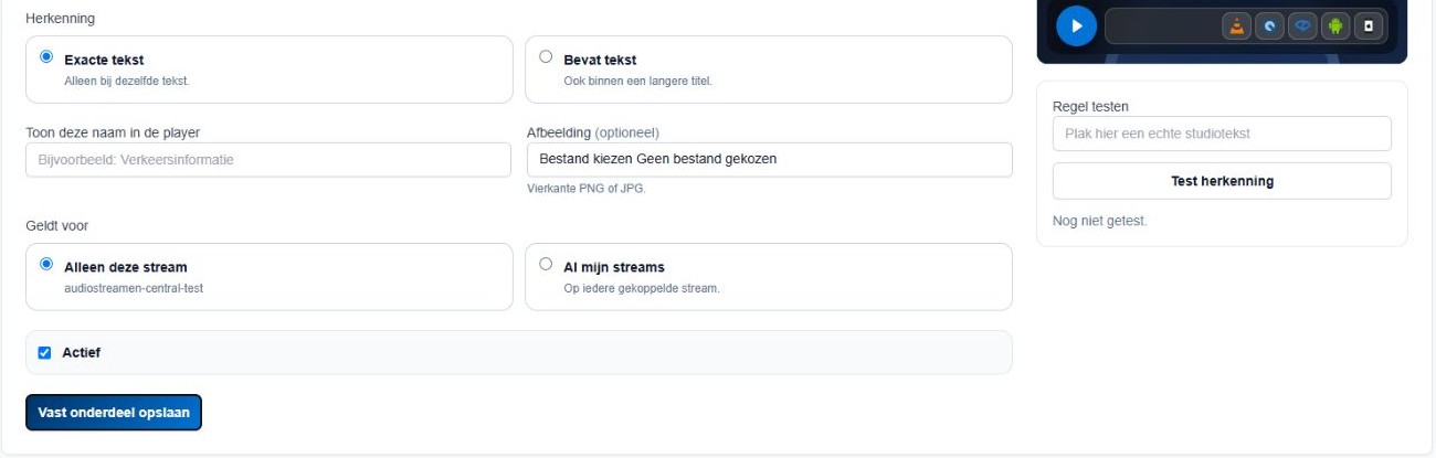 Onderste deel van het formulier met playernaam, afbeelding, Geldt voor, Actief, Vast onderdeel opslaan en Test herkenning