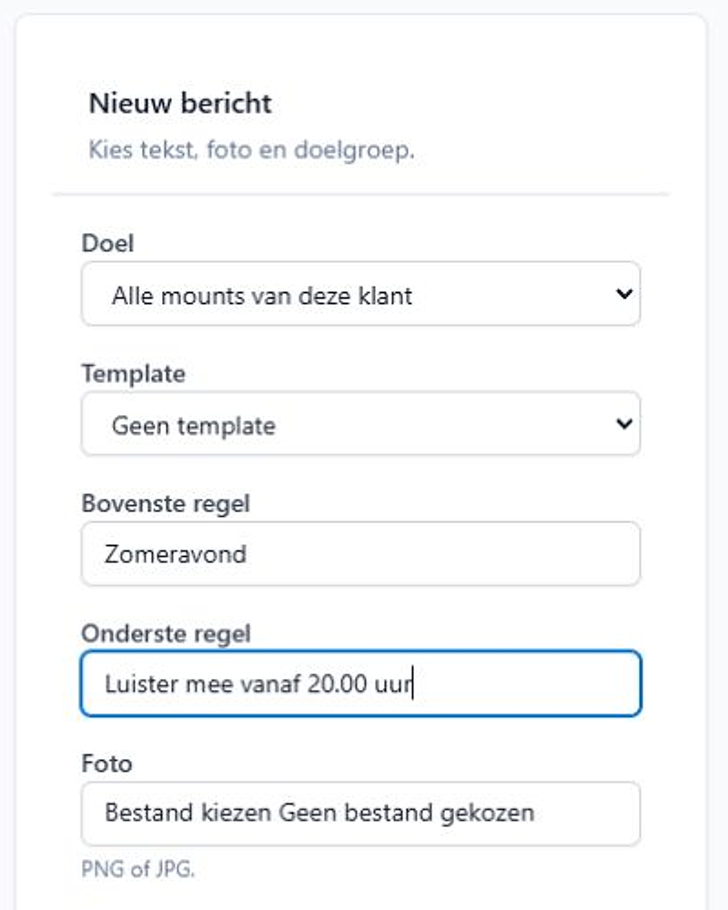 Het formulier Nieuw bericht met de fictieve bovenste regel Zomeravond en de onderste regel Luister mee vanaf 20.00 uur