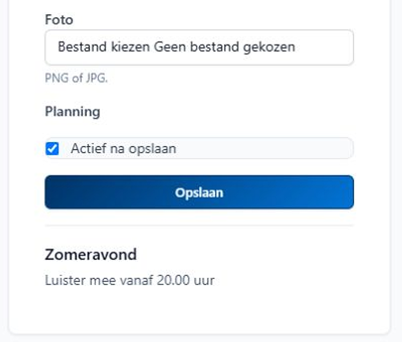 Het onderste gedeelte van Nieuw bericht met Actief na opslaan, de knop Opslaan en het voorbeeld Zomeravond