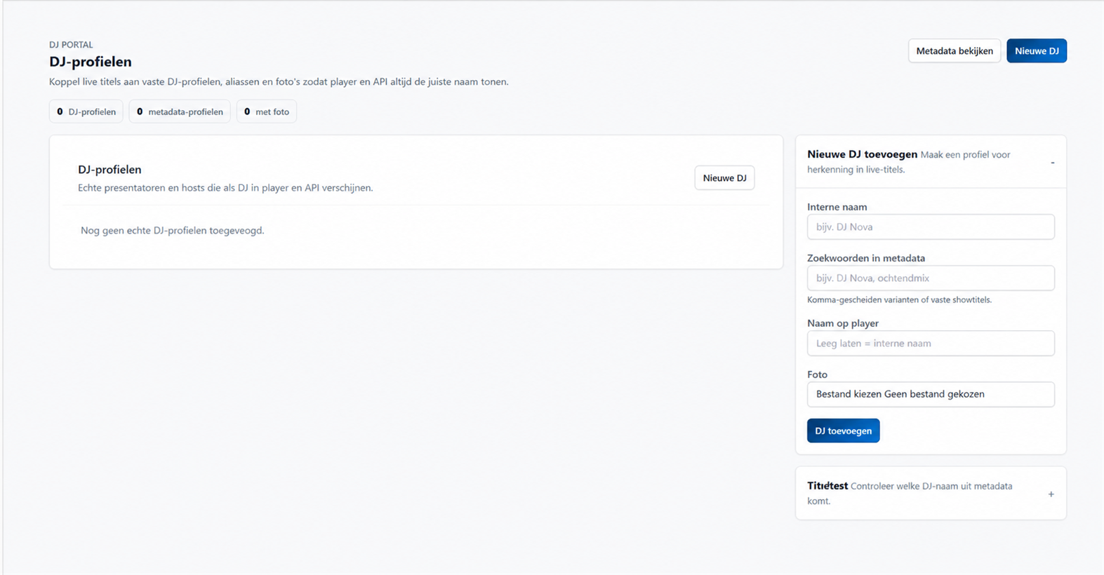 DJ-profielen in het DJ portal met statusaantallen en het formulier Nieuwe DJ toevoegen