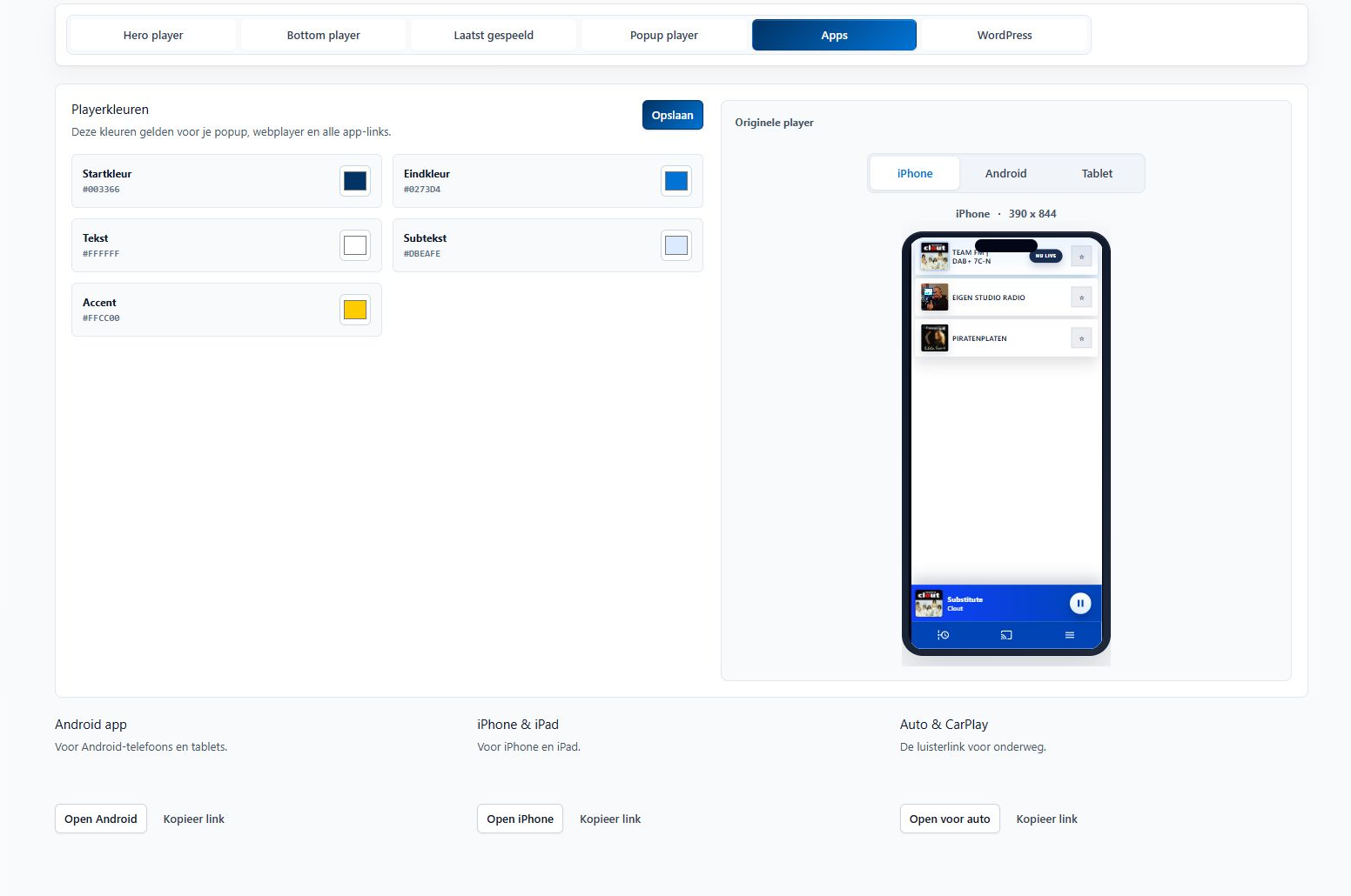 De pagina Apps met kleurkeuzes, een voorbeeld op een telefoon en luisterlinks voor Android, iPhone, iPad en de auto
