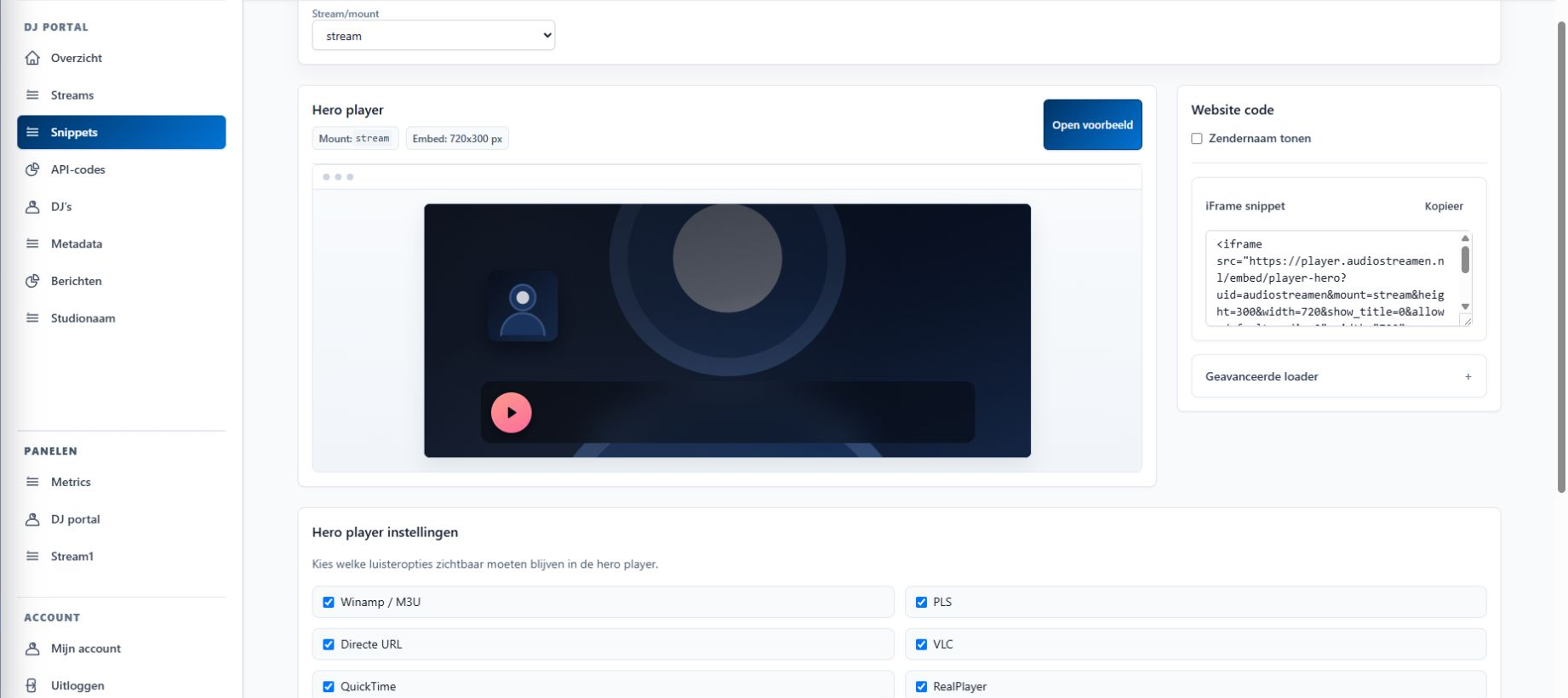 Hero player in Snippets met een voorbeeld, websitecode en instellingen