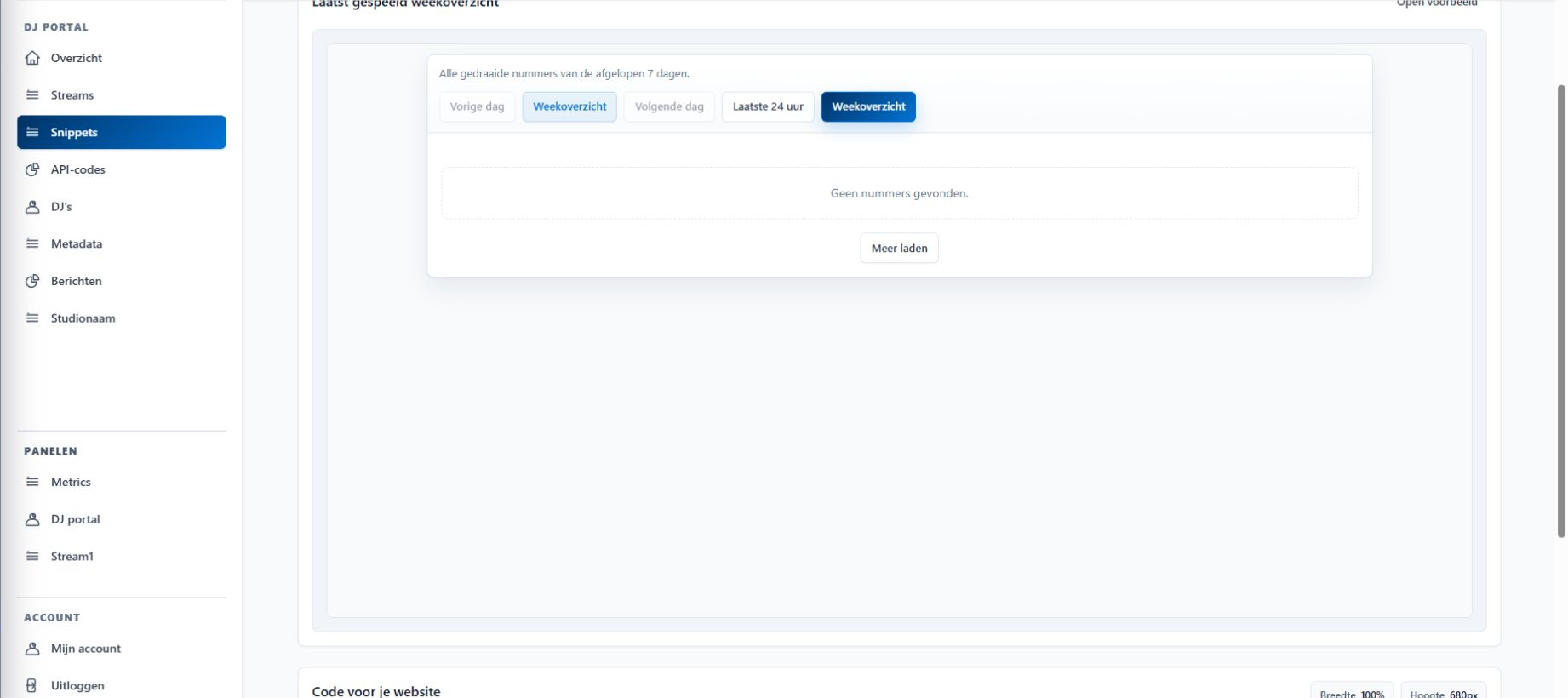 Laatst gespeeld in Snippets met weekoverzicht, instellingen en websitecode