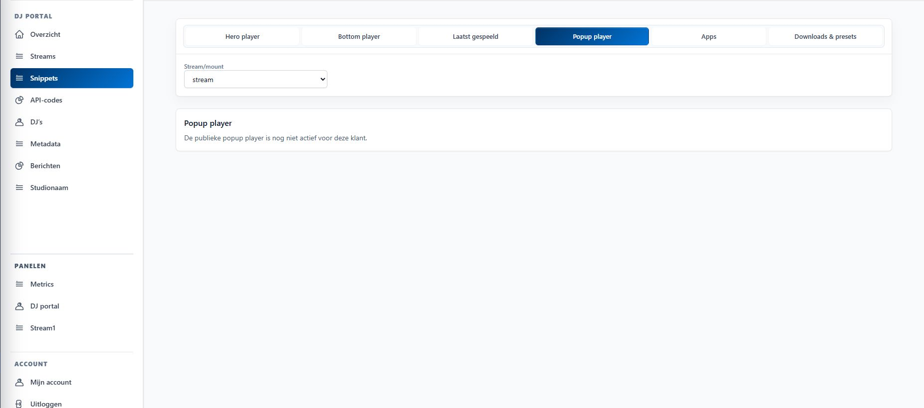 Popup player in Snippets met een melding dat de openbare player nog niet actief is
