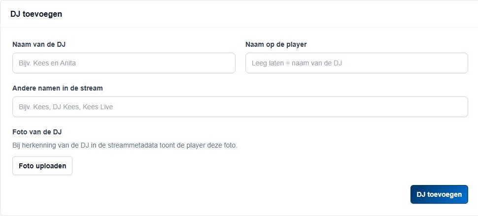 Het actuele formulier DJ toevoegen met Naam van de DJ, Naam op de player, Andere namen in de stream en Foto van de DJ