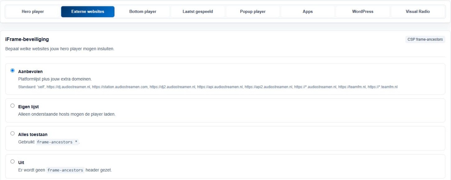 Tab Externe websites met de vier keuzes voor iFrame-beveiliging