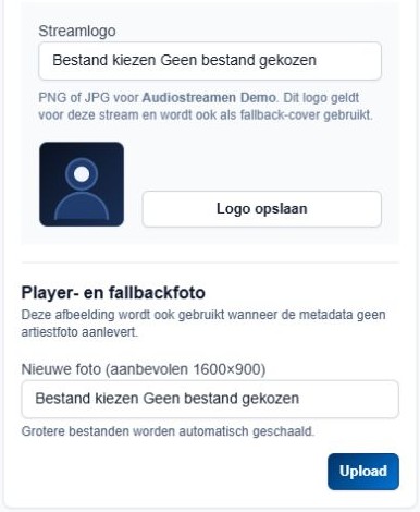 Streamlogo met Logo opslaan en Player- en fallbackfoto met Upload