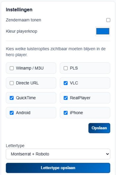 Actuele instellingen met Zendernaam tonen, Kleur playerknop, luisteropties en Lettertype