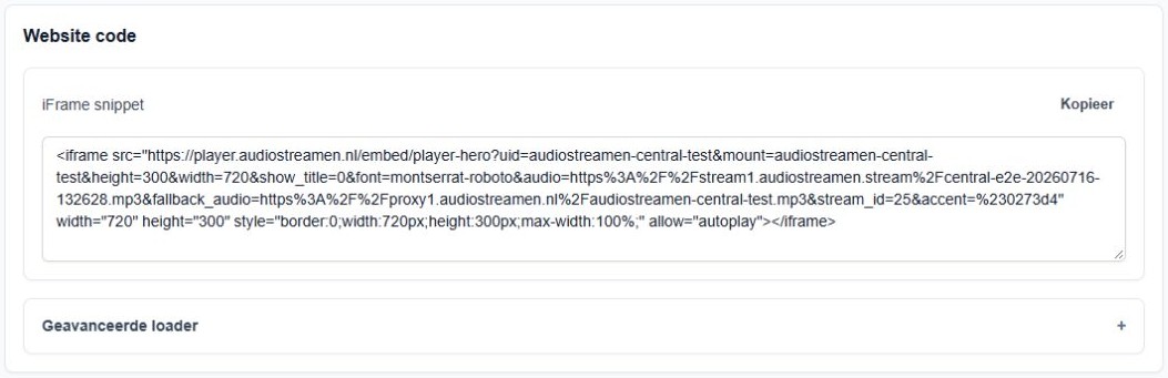 Website code met iFrame snippet, Kopieer en Geavanceerde loader in de huidige Hero-tab