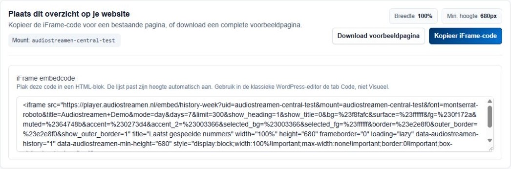 Plaats dit overzicht op je website met afmetingen, Download voorbeeldpagina en Kopieer iFrame-code