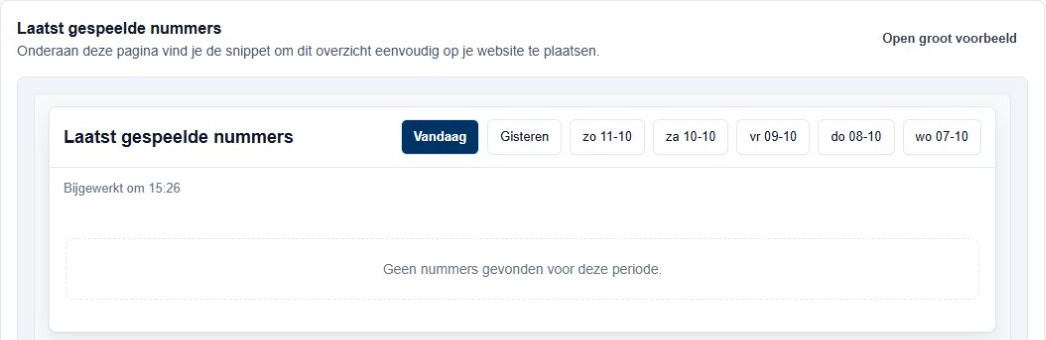 Actueel voorbeeld van Laatst gespeelde nummers met Vandaag, Gisteren en datumknoppen