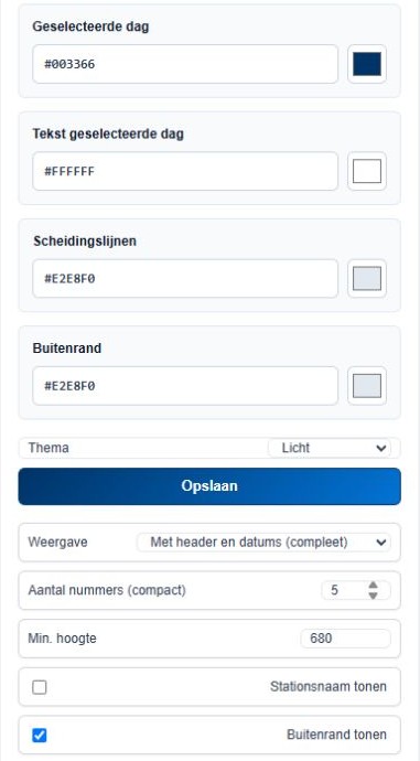 Dagkleuren, scheidingslijnen, buitenrand, thema en instellingen voor complete of compacte weergave