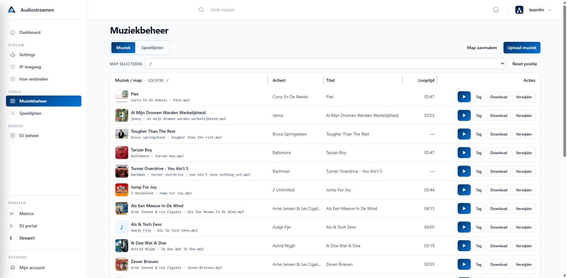 Muziekbeheer overzicht in het Audiostreamen panel