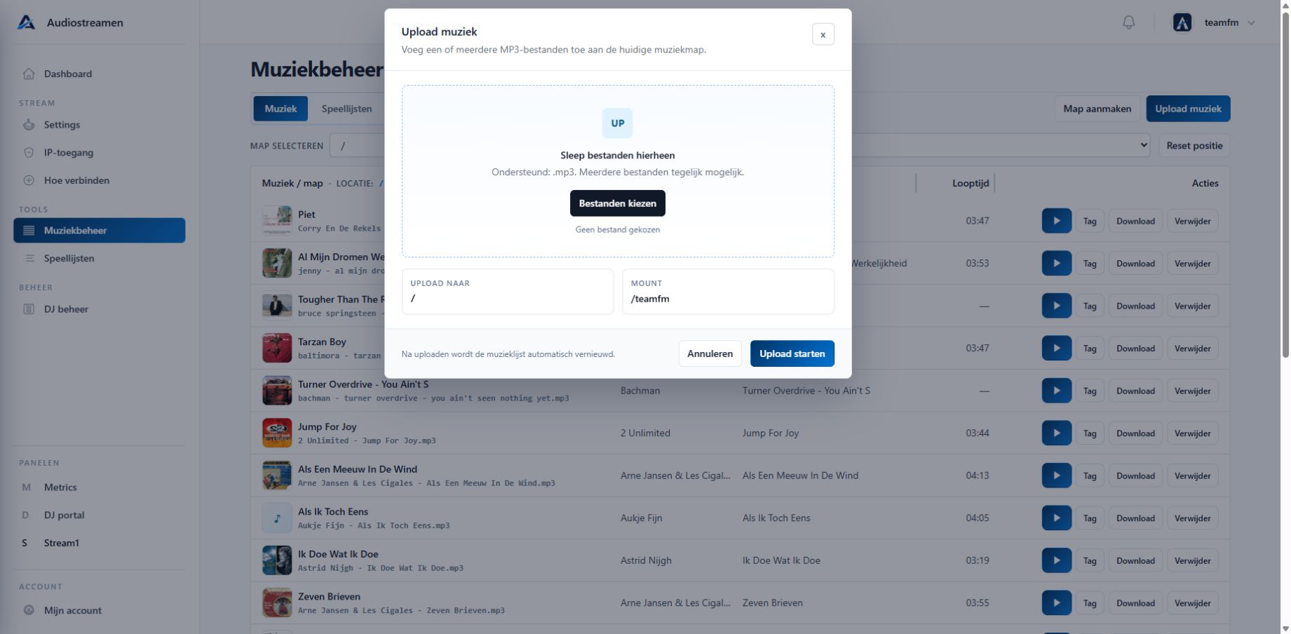 Upload muziek popup in het Audiostreamen panel
