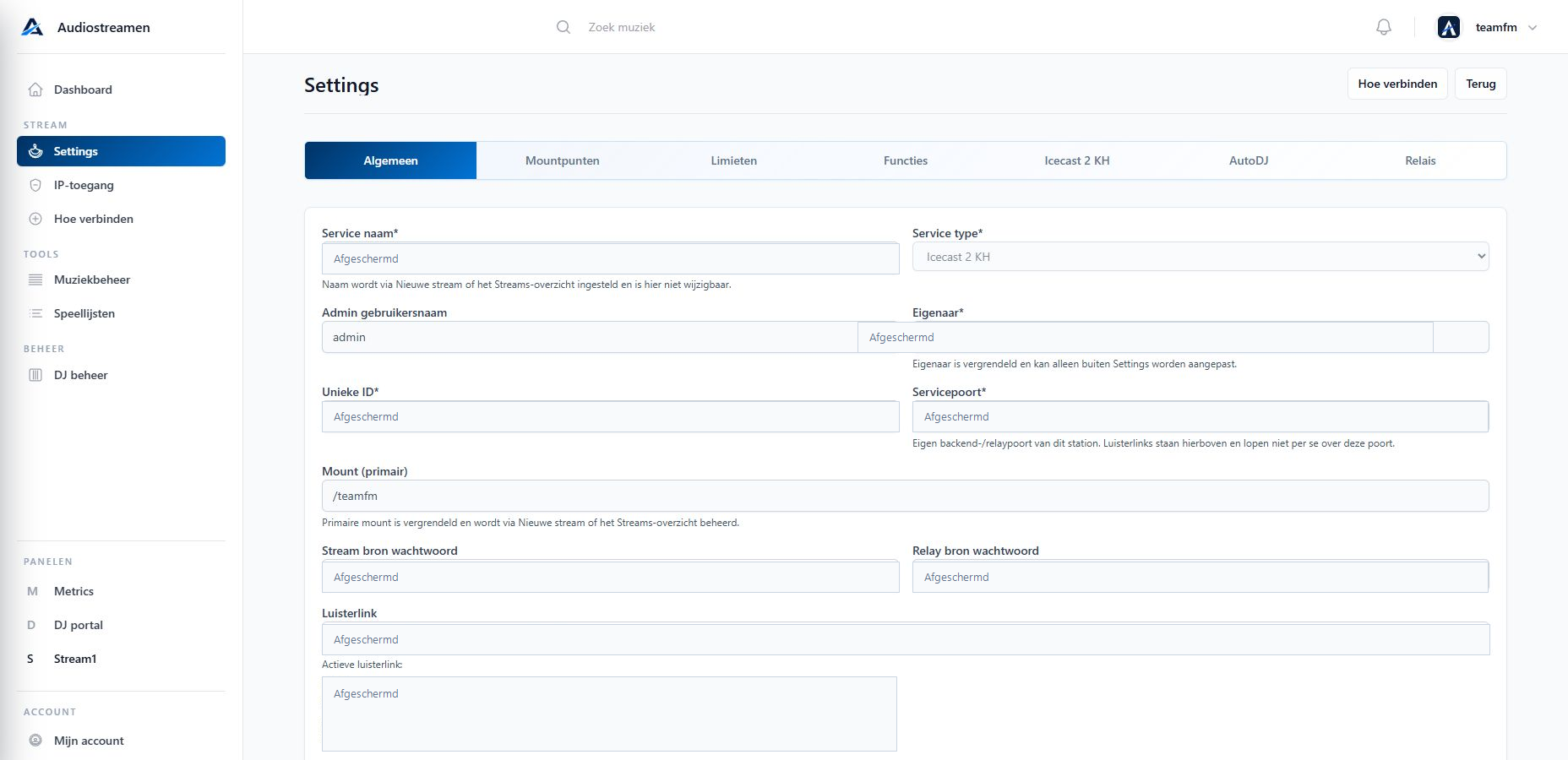 Settings tab Algemeen in het Audiostreamen panel