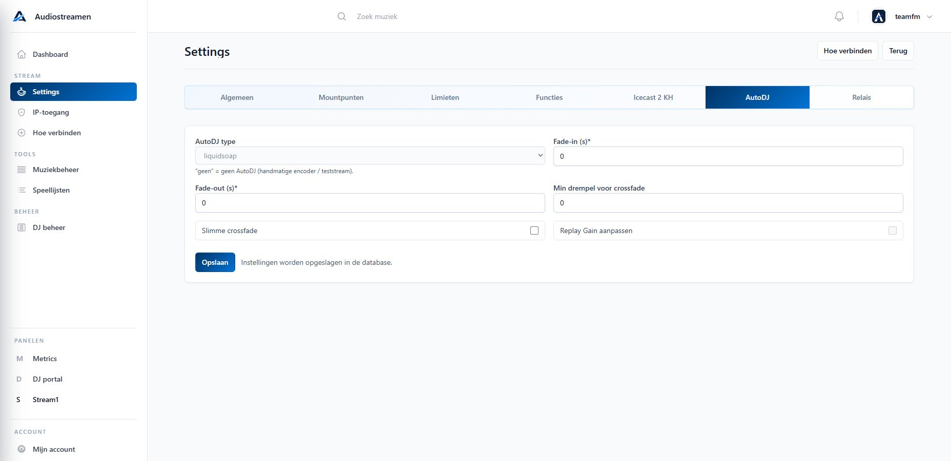 Settings tab AutoDJ in het Audiostreamen panel