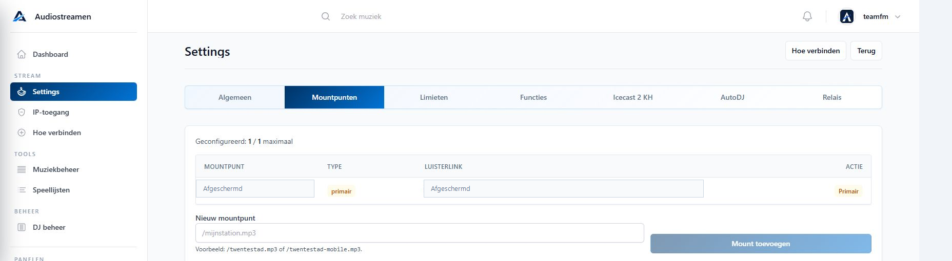 Settings tab Mountpunten in het Audiostreamen panel