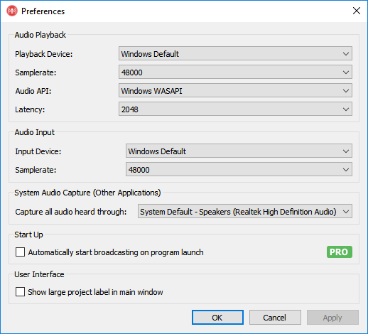 Het Preferences-venster van Rocket Broadcaster met Playback Device, Input Device en System Audio Capture