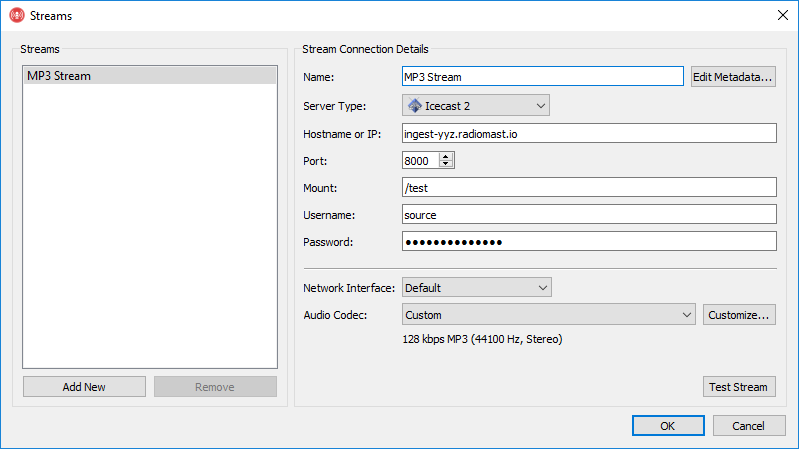 Het Streams-venster van Rocket Broadcaster met velden voor servertype, server, poort, mount, gebruiker, wachtwoord en codec