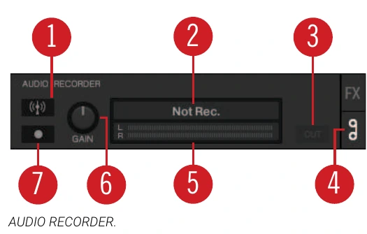 De Audio Recorder van Traktor met Broadcast-knop, geluidsmeter, Gain en opnameknop