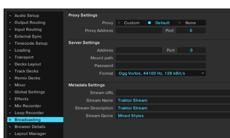 De Broadcasting-instellingen van Traktor Pro met Address, Port, Mount path, Password, Format en metadata