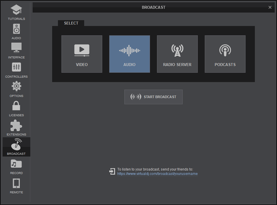 Het Broadcast-scherm van VirtualDJ met Video, Audio, Radio Server en Podcasts