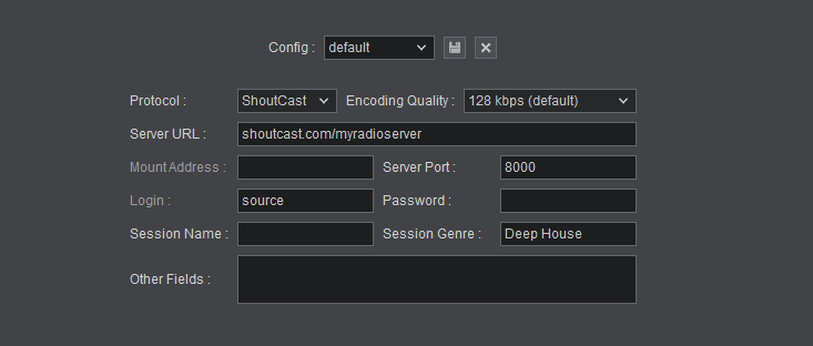 De Radio Server-instellingen van VirtualDJ met protocol, kwaliteit, server, mount, poort, login en wachtwoord