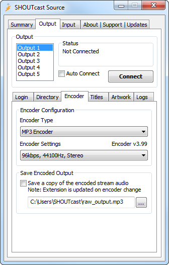 Het onderdeel Encoder van SHOUTcast Source DSP met MP3 Encoder en de bitrate-instelling
