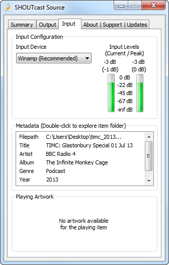Het tabblad Input van SHOUTcast Source DSP met Winamp als gekozen geluidsbron en twee bewegende geluidsmeters
