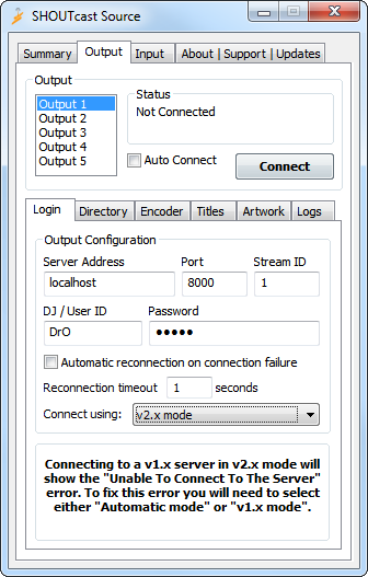 Het tabblad Output en Login van SHOUTcast Source DSP met velden voor server, poort, Stream ID, DJ-gebruiker en wachtwoord