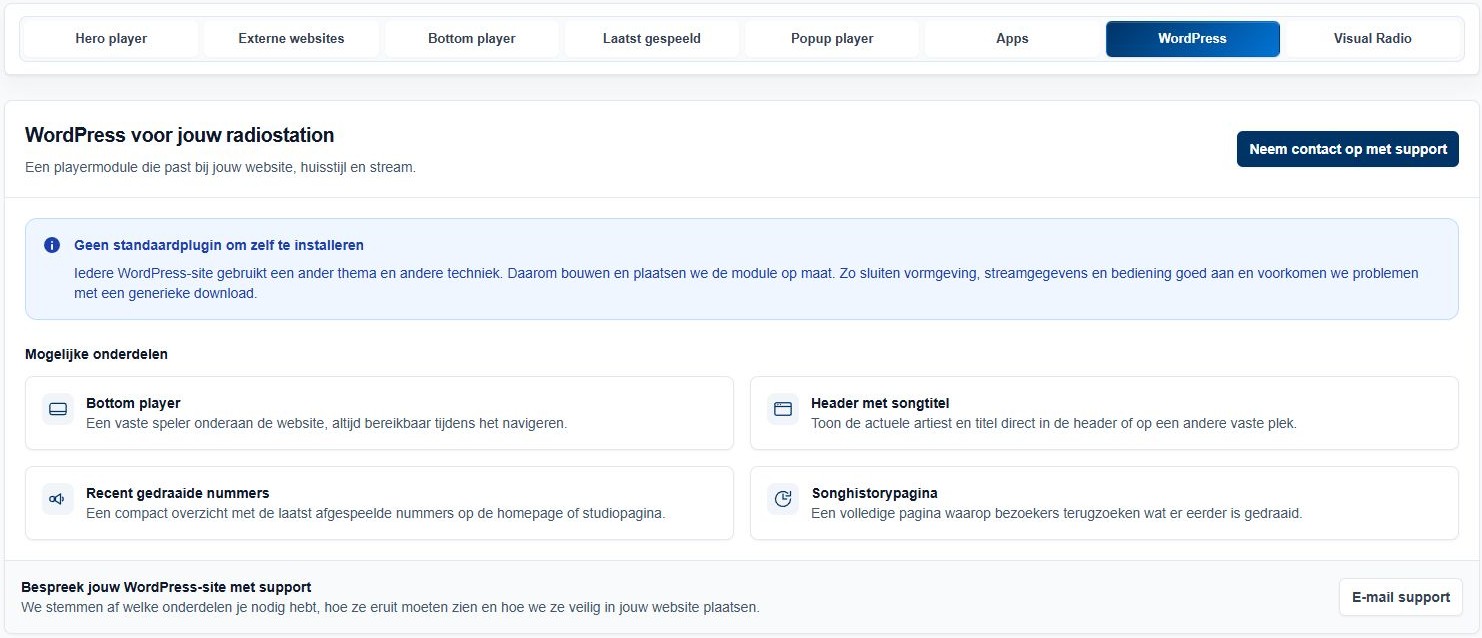Actuele WordPress-tab in het DJ portal met vier mogelijke onderdelen en de twee supportknoppen